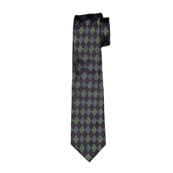 Ben Sherman Silk Tie Handmade Green Gray Black Red Diamond Pattern Narrow - Picture 1 of 2